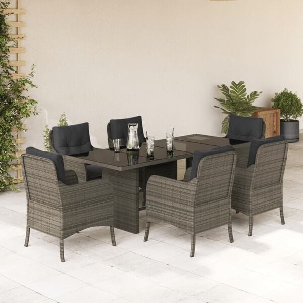 vidaXL Set comedor jard&iacute;n 7 pzas y cojines rat&aacute;n sint&eacute;tico gris