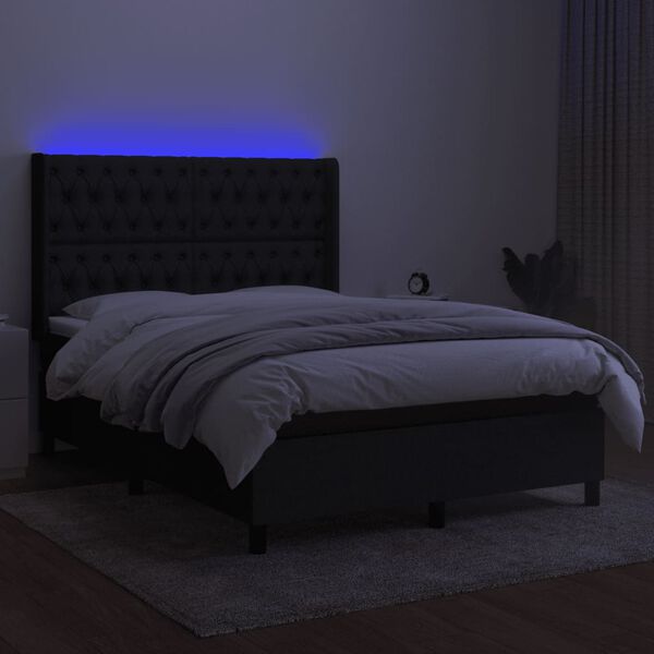 vidaXL Cama box spring colch&oacute;n y luces LED tela negro 140x200 cm