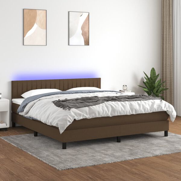 vidaXL Cama box spring colch&oacute;n luces LED tela marr&oacute;n oscuro 160x200cm