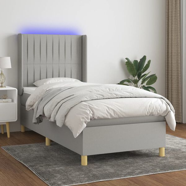 vidaXL Cama box spring colch&oacute;n y luces LED tela gris claro 90x200 cm