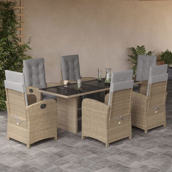 vidaXL Set comedor de jard&iacute;n 7 pzas con cojines rat&aacute;n sint&eacute;tico beige