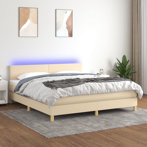vidaXL Cama box spring con colch&oacute;n y LED tela crema 180x200 cm