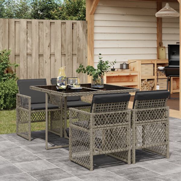 vidaXL Set comedor de jard&iacute;n 5 piezas con cojines rat&aacute;n sint&eacute;tico gris