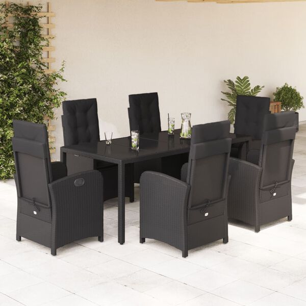 vidaXL Set de comedor de jard&iacute;n 7 pzas y cojines rat&aacute;n sint&eacute;tico negro