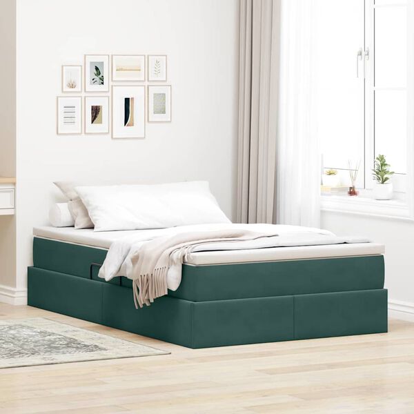 vidaXL Cama con almacenamiento y colch&oacute;n Verde oscuro 120 x 200 cm