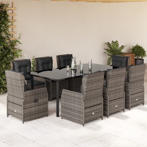 vidaXL Set comedor jard&iacute;n 9 pzas y cojines rat&aacute;n sint&eacute;tico gris