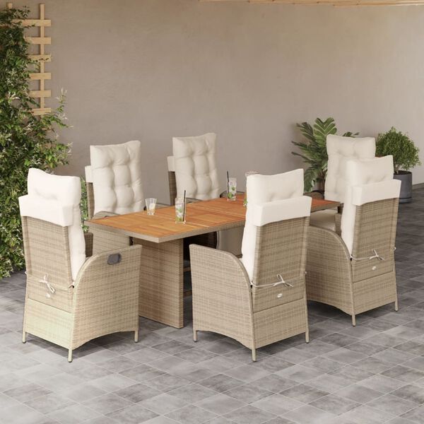 vidaXL Set comedor de jard&iacute;n 7 pzas con cojines rat&aacute;n sint&eacute;tico beige