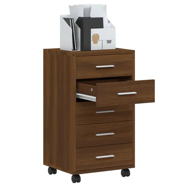 vidaXL Cajonera con ruedas madera contrachapada marr&oacute;n roble