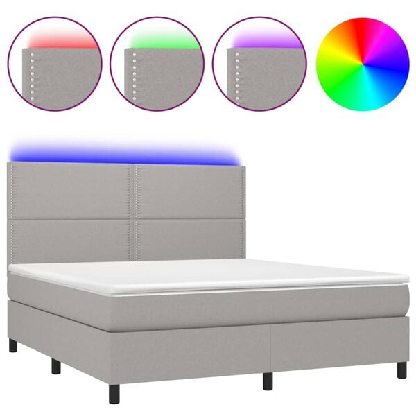 vidaXL Cama box spring colch&oacute;n y luces LED tela gris claro 180x200 cm