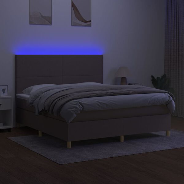 vidaXL Cama box spring colch&oacute;n y luces LED tela gris taupe 180x200 cm