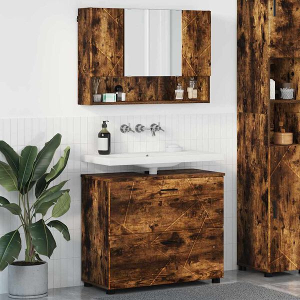 vidaXL Juego de muebles de ba&ntilde;o con caj&oacute;n 2 pcs Roble ahumado