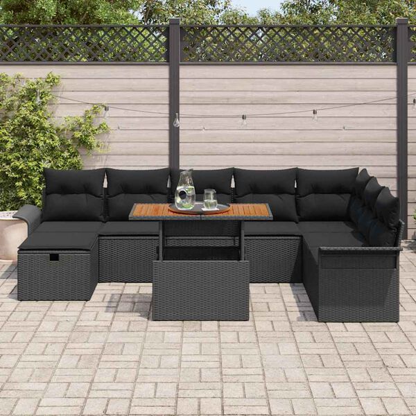 vidaXL Conjunto de sof&aacute; de jard&iacute;n 9 pcs Negro rat&aacute;n sint&eacute;tico