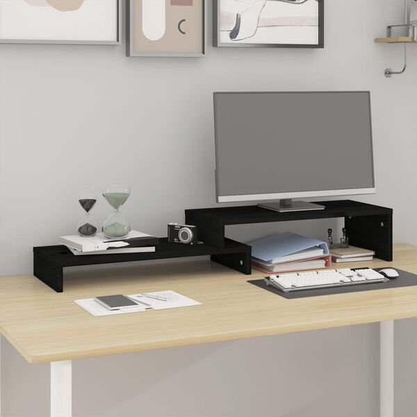 vidaXL Soporte para monitor madera maciza pino negro (52-101)x22x14 cm