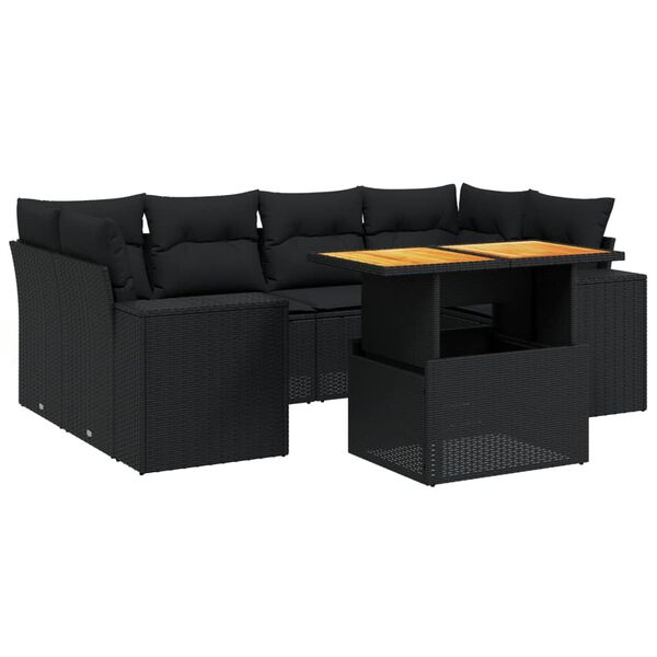 vidaXL Set de comedor de jard&iacute;n 7 pzas y cojines rat&aacute;n sint&eacute;tico negro