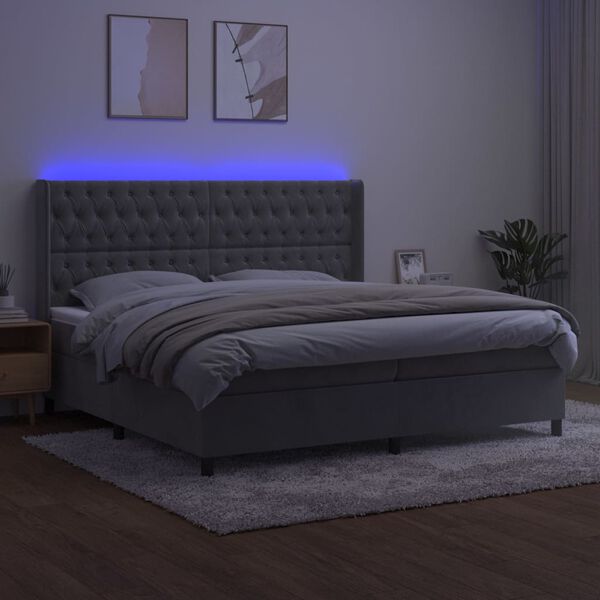 vidaXL Cama box spring colch&oacute;n y LED terciopelo gris claro 200x200 cm