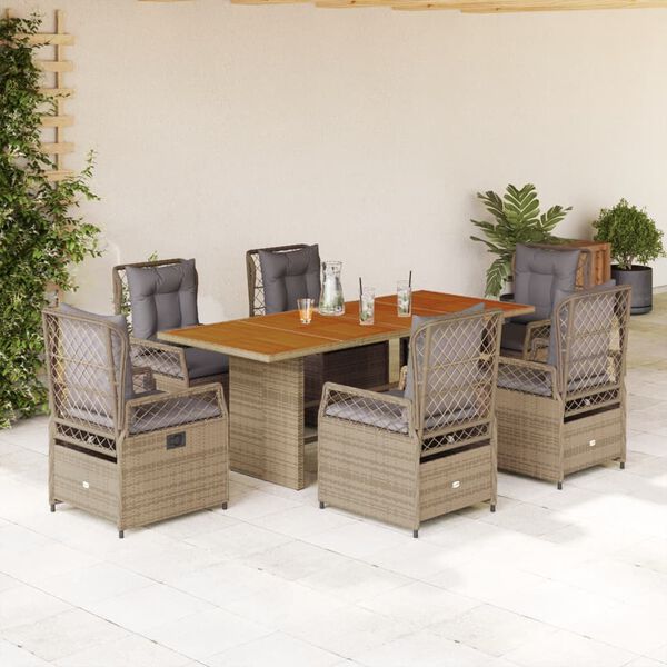 vidaXL Set comedor de jard&iacute;n 7 pzas con cojines rat&aacute;n sint&eacute;tico beige