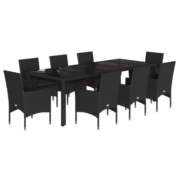 vidaXL Set comedor jard&iacute;n 9 pzas cojines rat&aacute;n sint&eacute;tico vidrio negro