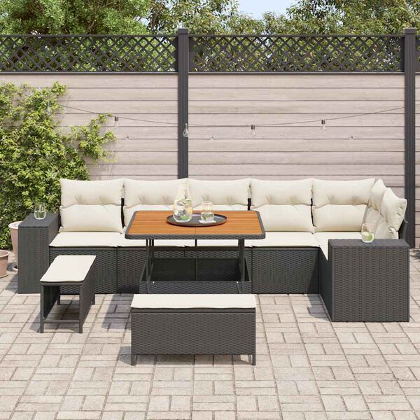 vidaXL Conjunto de sof&aacute; de jard&iacute;n 9 pcs Negro y crema rat&aacute;n sint&eacute;tico