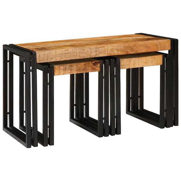 vidaXL Mesa Nido 3 pcs Marr&oacute;n y Negro Madera de Mango S&oacute;lida y Metal