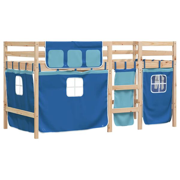 vidaXL Cama alta para ni&ntilde;os con cortinas madera pino azul 90x200 cm