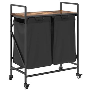 vidaXL Cesto de ropa de 2 compartimentos con ruedas, color roble ahumado