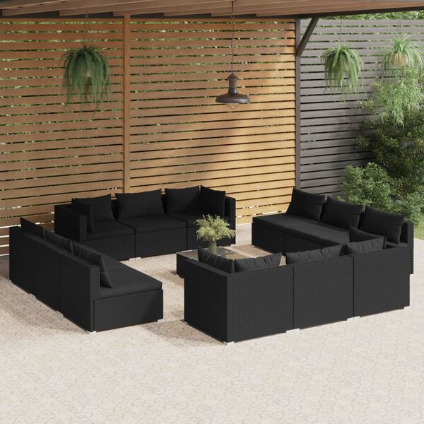 vidaXL Set muebles de jard&iacute;n 13 pzas y cojines rat&aacute;n sint&eacute;tico negro