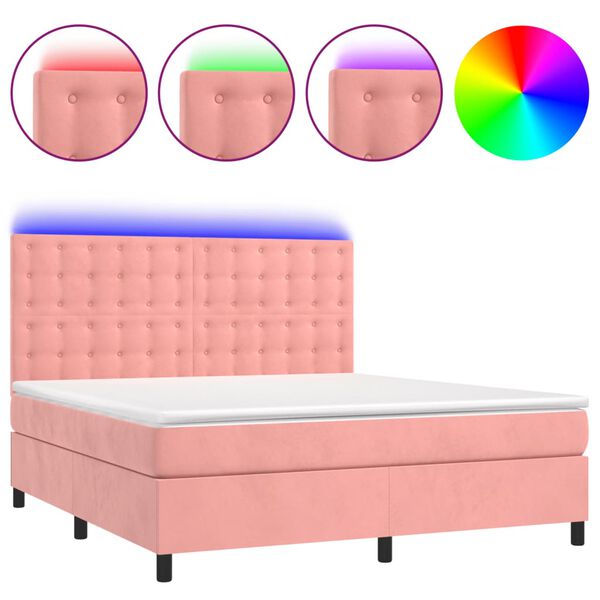 vidaXL Cama box spring colch&oacute;n y LED terciopelo rosa 180x200 cm