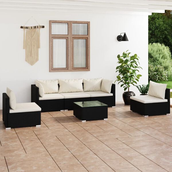 vidaXL Set de muebles de jard&iacute;n 6 pzas y cojines rat&aacute;n sint&eacute;tico negro