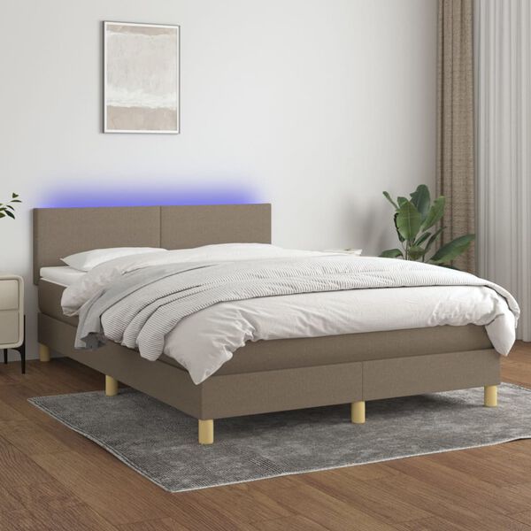 vidaXL Cama box spring colch&oacute;n y luces LED tela gris taupe 140x190 cm