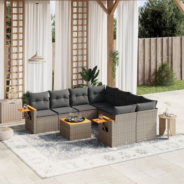 vidaXL Set de muebles de jard&iacute;n 9 pzas y cojines rat&aacute;n sint&eacute;tico gris
