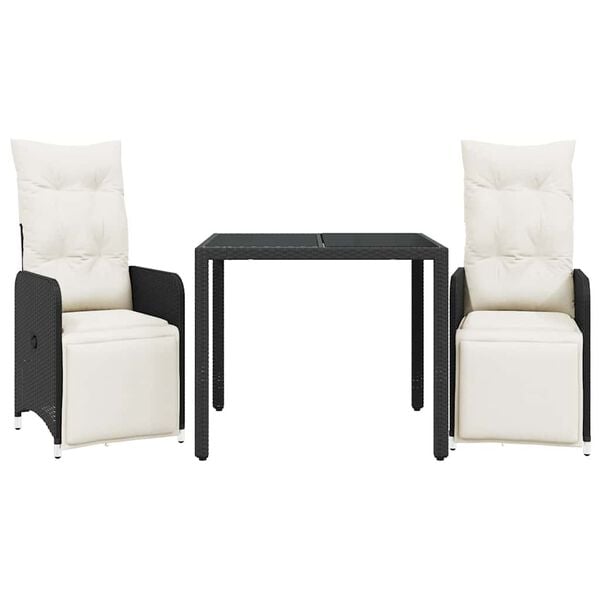 vidaXL Mesita y sillas jard&iacute;n 3 pzas y cojines rat&aacute;n sint&eacute;tico negro