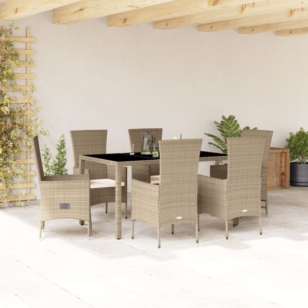 vidaXL Set comedor de jard&iacute;n 7 pzas con cojines rat&aacute;n sint&eacute;tico beige
