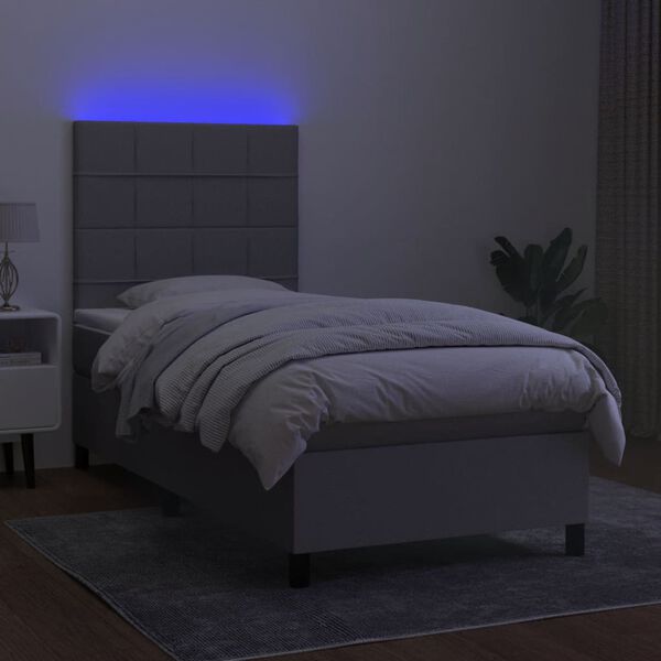 vidaXL Cama box spring colch&oacute;n y luces LED tela gris claro 90x200 cm