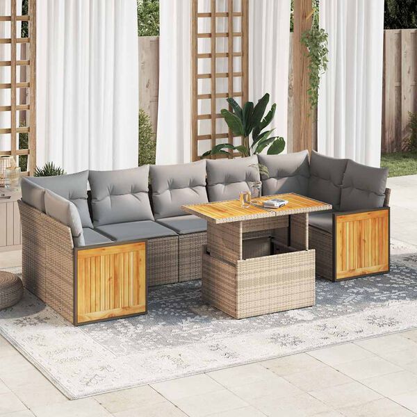 vidaXL Set sof&aacute;s jard&iacute;n y cojines 8 pzas rat&aacute;n sint&eacute;tico acacia beige