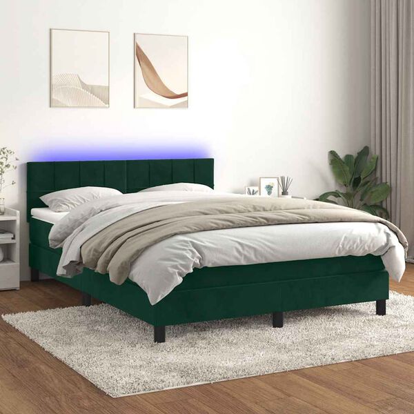 vidaXL Cama box spring colch&oacute;n y LED terciopelo verde oscuro 140x190cm