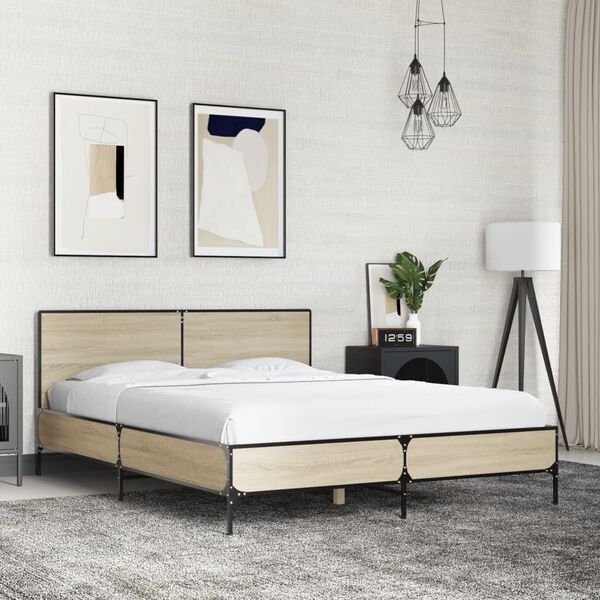 vidaXL Estructura cama madera ingeniería metal roble Sonoma 135x190 cm