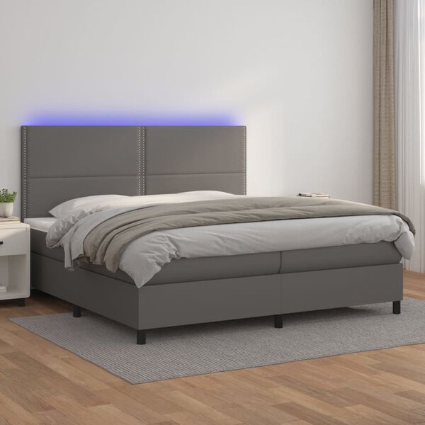 vidaXL Cama box spring colch&oacute;n y LED cuero sint&eacute;tico gris 200x200 cm