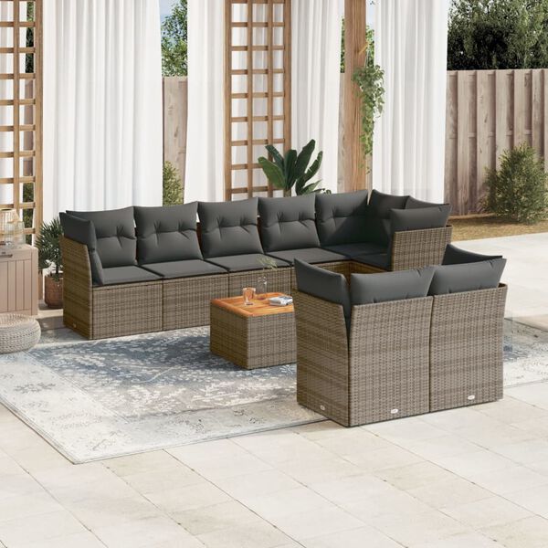 vidaXL Set de muebles de jard&iacute;n 9 pzas y cojines rat&aacute;n sint&eacute;tico gris