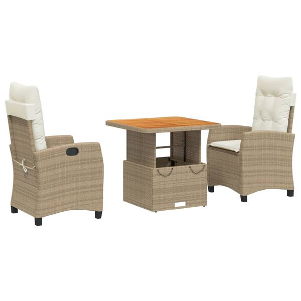 vidaXL Set comedor de jardín 3 pzas con cojines ratán sintético beige