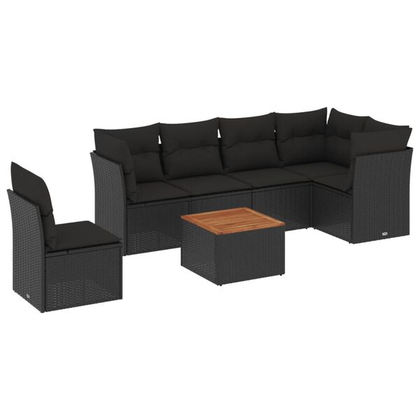 vidaXL Set de comedor de jard&iacute;n 7 pzas y cojines rat&aacute;n sint&eacute;tico negro