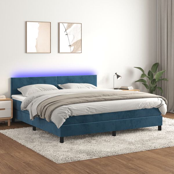 vidaXL Cama box spring colch&oacute;n y LED terciopelo azul oscuro 160x200 cm