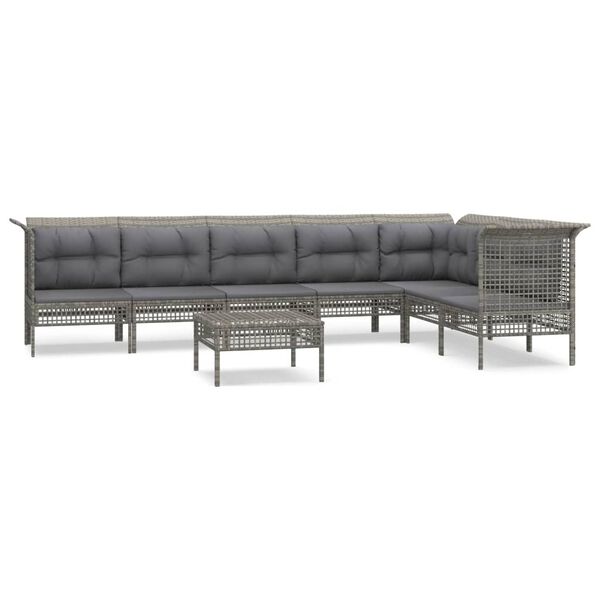vidaXL Set de muebles de jard&iacute;n 8 pzas y cojines rat&aacute;n sint&eacute;tico gris