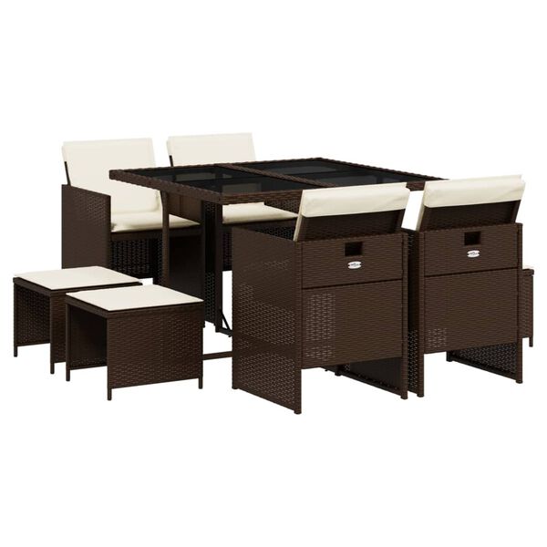 vidaXL Set comedor para jard&iacute;n 9 pzas y cojines rat&aacute;n sint&eacute;tico marr&oacute;n
