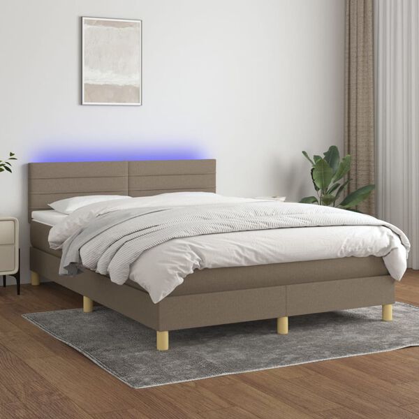 vidaXL Cama box spring colch&oacute;n y luces LED tela gris taupe 140x190 cm