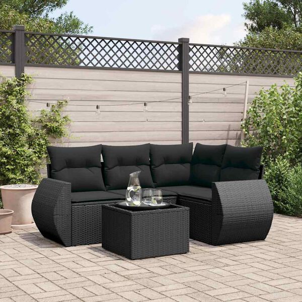 vidaXL Set de muebles de jard&iacute;n 5 pzas y cojines rat&aacute;n sint&eacute;tico negro
