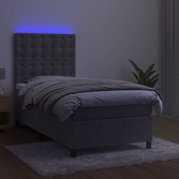 vidaXL Cama box spring colch&oacute;n y LED terciopelo gris claro 90x190 cm