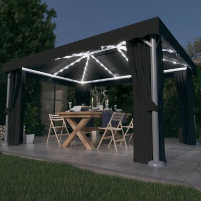 vidaXL Cenador con cortina y tira de luz LED aluminio antracita 4x3 m