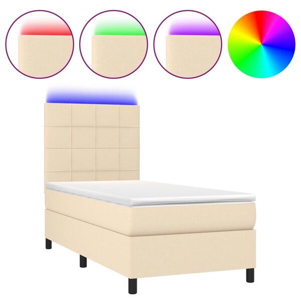 vidaXL Cama box spring colch&oacute;n y luces LED tela color crema 90x190 cm