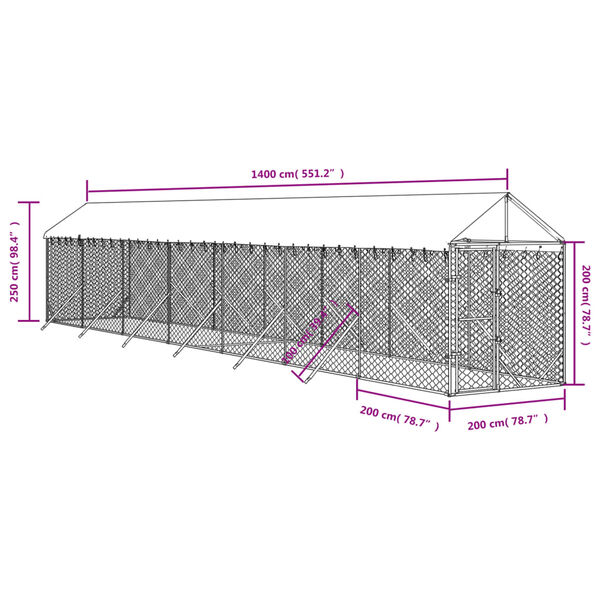 vidaXL Perrera de exterior con toldo acero galvanizado plata 2x14x2,5m