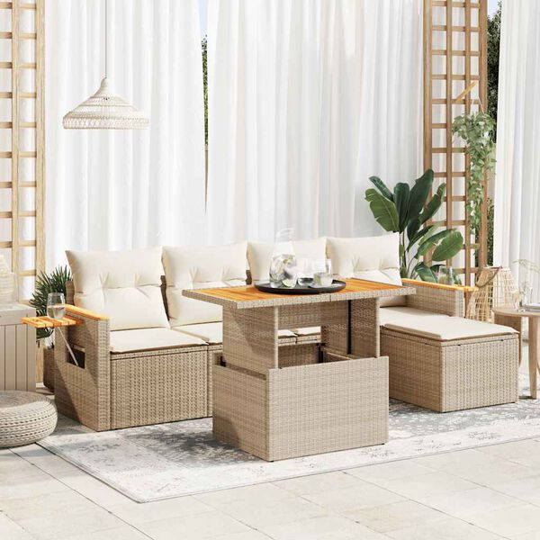 vidaXL Set sof&aacute;s jard&iacute;n y cojines 6 pzas rat&aacute;n sint&eacute;tico acacia beige